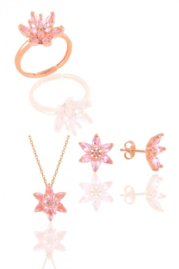 Gümüş rose  taşlı nilüfer lotus çiçeği üçlü set ürün görseli