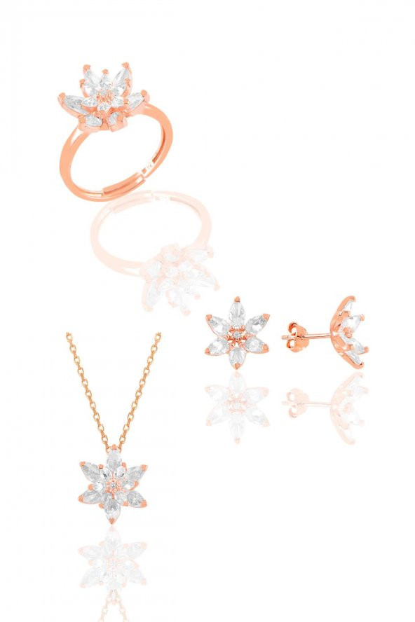 Gümüş rose  taşlı nilüfer lotus çiçeği üçlü set - Resim 2