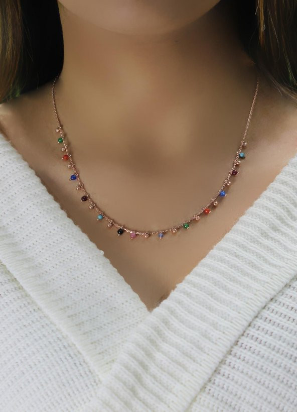 Gümüş rose doğal taşlı renk cümbüşü kolye - Resim 2