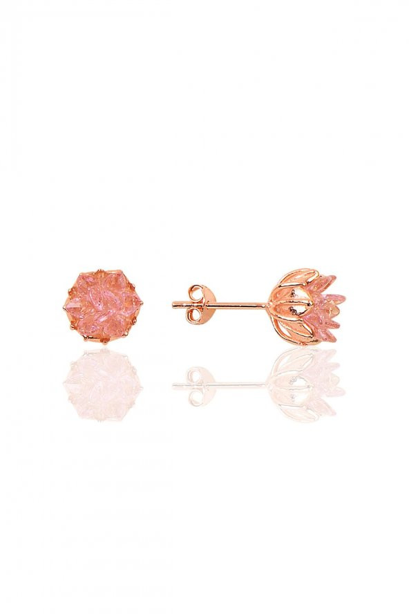 Gümüş Lotus çiçeği modeli pembe renkli taşlı küpe
