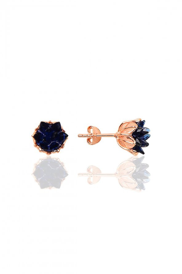 Gümüş Lotus çiçeği modeli safir renkli taşlı küpe