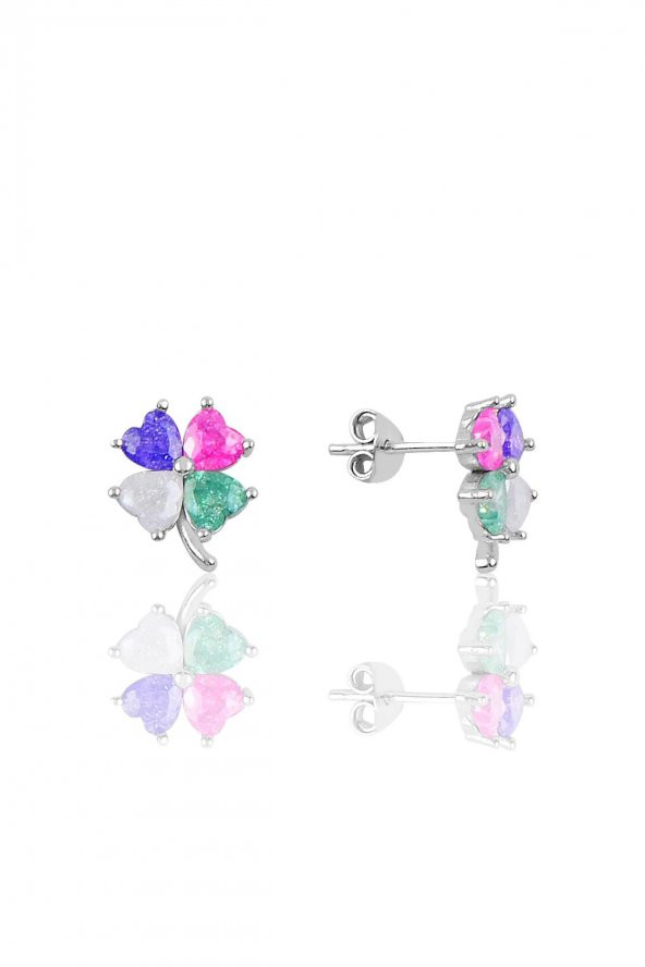 Gümüş yonca modeli kristalize renkli taşlı küpe SGTL10067MİX ürün görseli