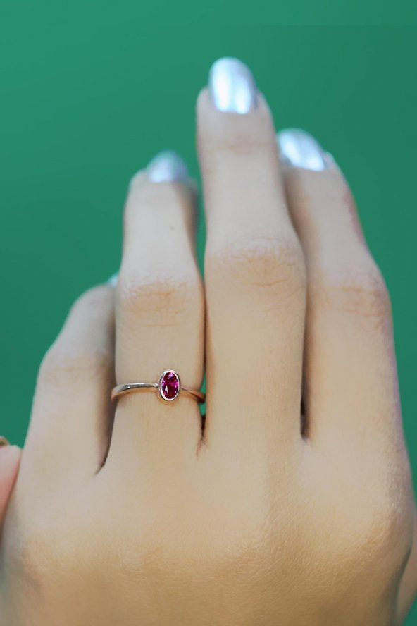 Gümüş rose  fuşya taşlı alttan ayarlamalı yüzük - Resim 2