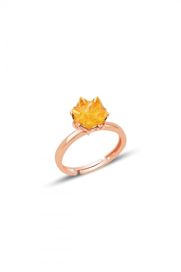 Gümüş Lotus çiçeği modeli kehribar renkli zirkon taşlı ayarlamalı yüzük