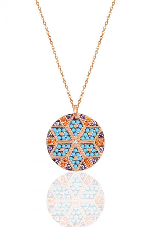 Gümüş rose yuvarlak kilim kolye