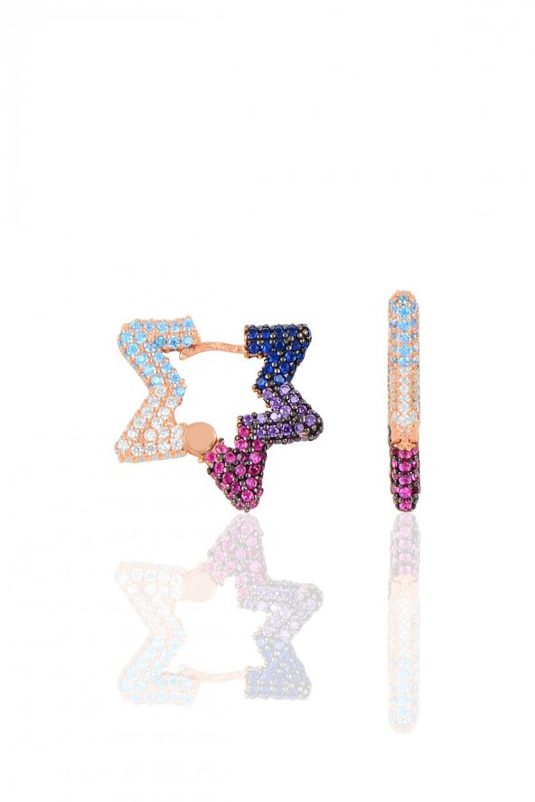 Gümüş rose renkli taşlı özel tasarım star küpe ürün görseli 1