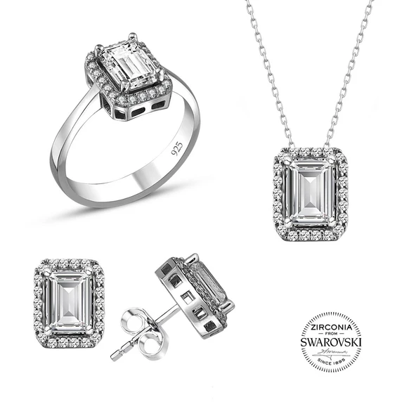Gümüş Swarovski baget taşlı pırlanta modeli üçlü set SGTL20519SETA ürün görseli