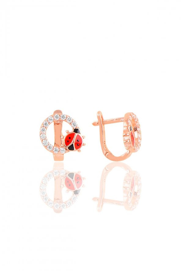 Gümüş rose mineli zirkon taşlı uğur böceği çocuk  küpesi ürün görseli 1