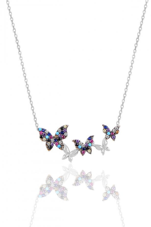 Gümüş renkli rodyumlu uçuşan kelebekler kolye ürün görseli 1