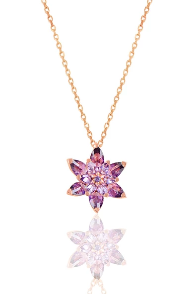 Gümüş rose taşlı nilüfer lotus çiçeği kolye - 4