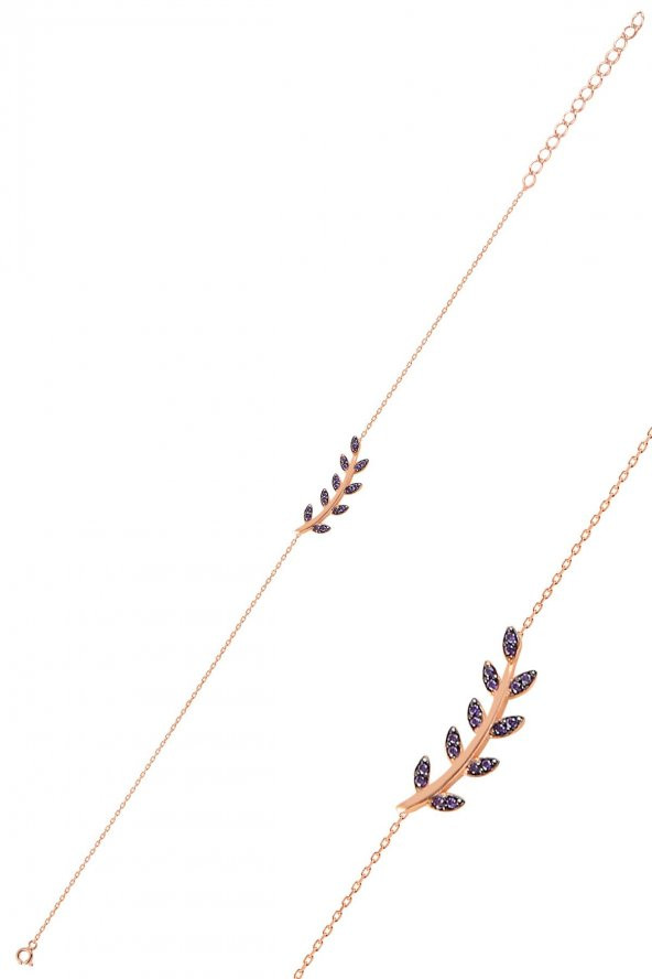 Gümüş rose mor taşlı yaprak bileklik ürün görseli