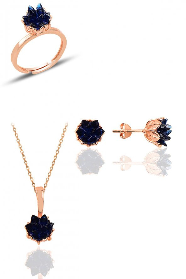 Gümüş Lotus çiçeği modeli safir renkli taşlı üçlü set - 1