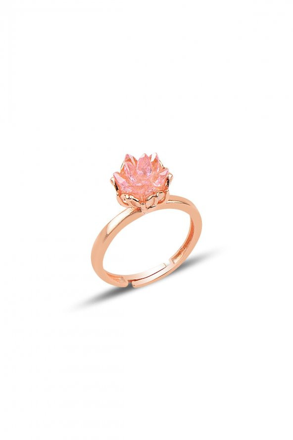 Gümüş Lotus çiçeği modeli pembe renkli taşlı üçlü set - 2