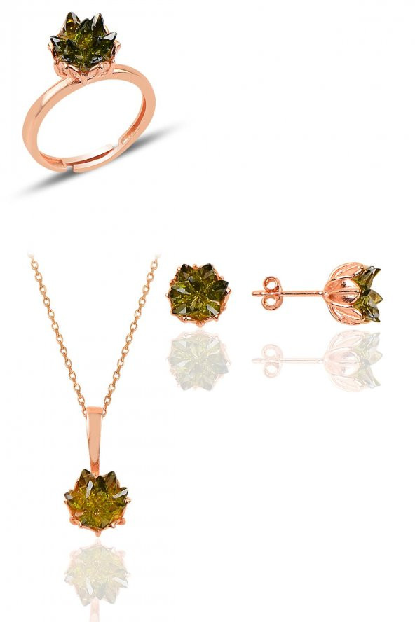 Gümüş Lotus çiçeği modeli columbia zümrüt renkli taşlı üçlü set ürün görseli