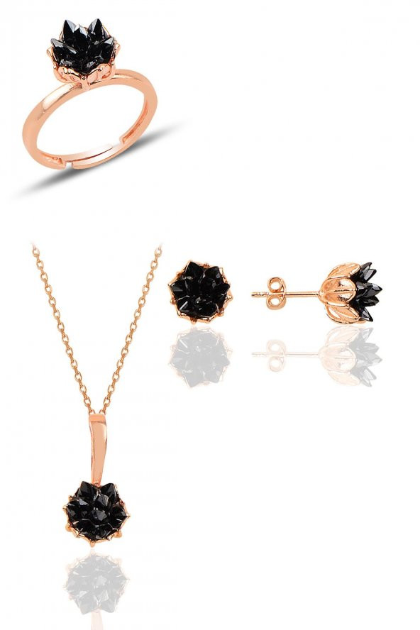 Gümüş Lotus çiçeği modeli onix renkli taşlı üçlü set ürün görseli