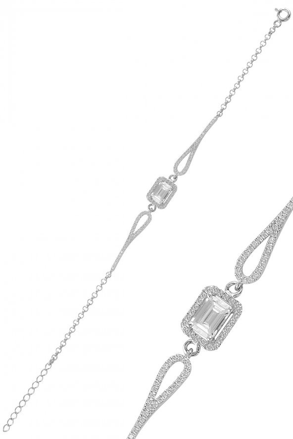 Gümüş rodyumlu pırlanta modeli zirkon taşlı baget  bileklik ürün görseli