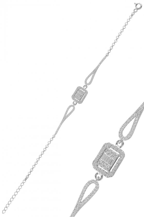 Gümüş rodyumlu pırlanta modeli  zirkon taşlı  çizgili baget  bileklik ürün görseli