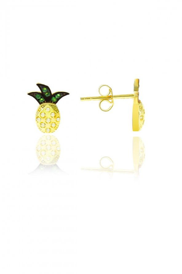 Gümüş altın yaldızlı zirkon  taşlı ananas küpe - 1