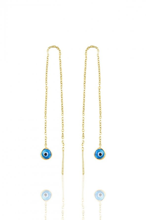 Gümüş altın yaldızlı, cam göz nazar gümüş zincir küpe ürün görseli 1