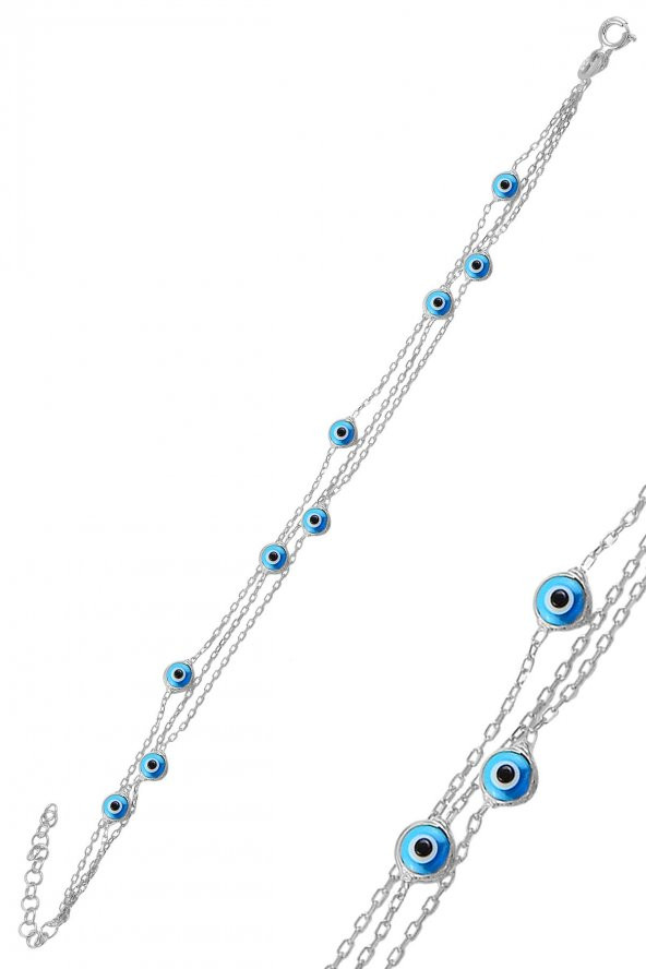 Gümüş rodyumlu , cam göz nazar üç zincirli  gümüş bileklik ürün görseli