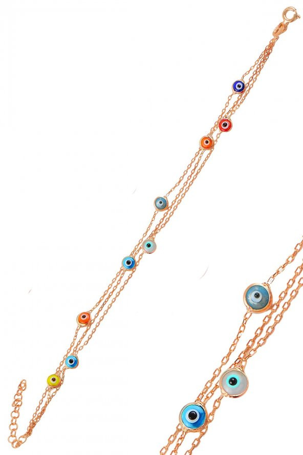 Gümüş rose, renkli  cam göz nazar üç zincirli  gümüş bileklik ürün görseli