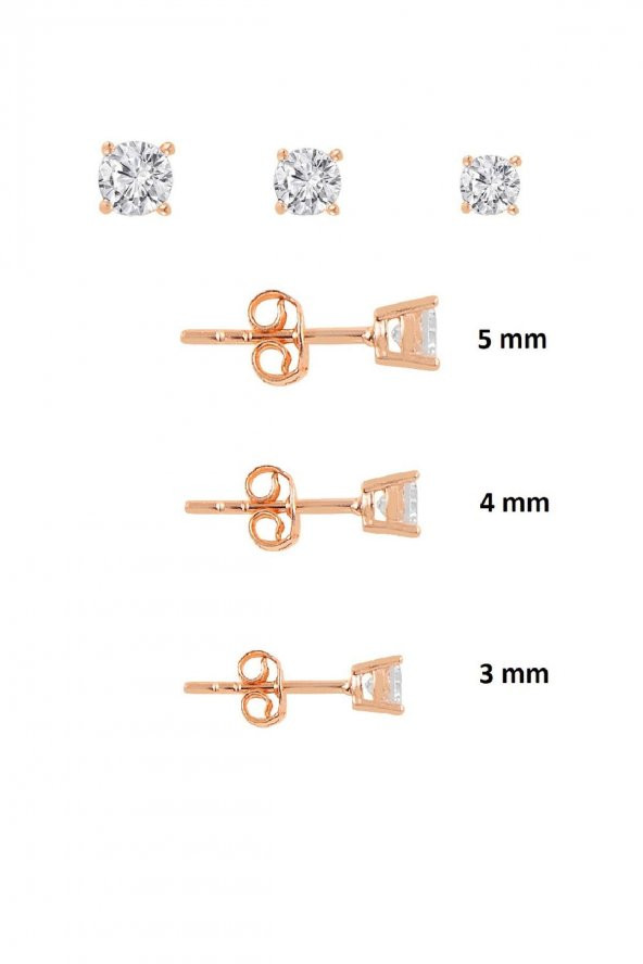 Gümüş rose pırlanta montürlü 3 boy tektaş kombin küpeler - 1