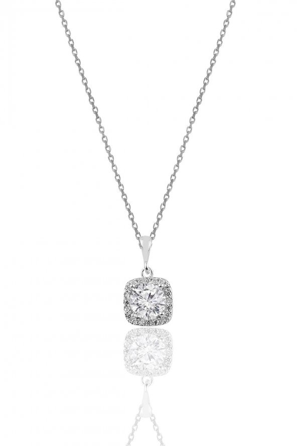 Gümüş zirkon taşlı kare pırlanta montürlü gümüş kolye ürün görseli 1