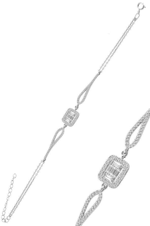 Gümüş rodyumlu zirkon baget taşlı bileklik. ürün görseli