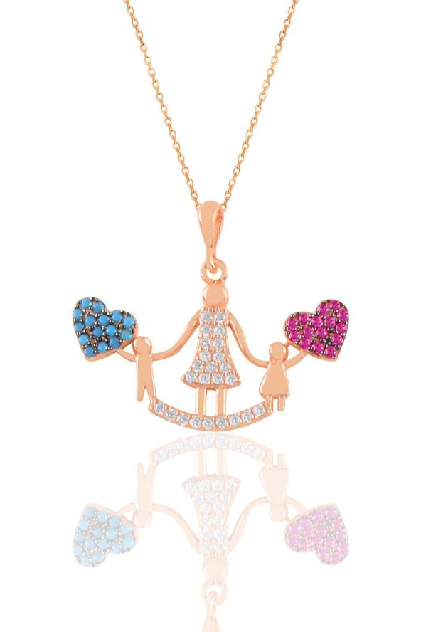 Gümüş rose kök yakut ve turkuaz taşlı kalpli anne ve çocuklar kolye