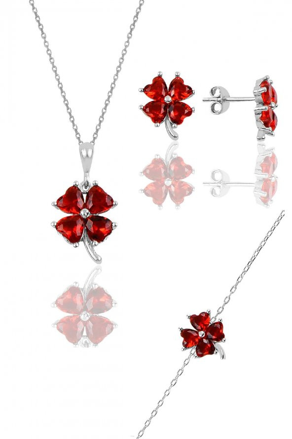 Gümüş rodyumlu lal  renkli yonca modeli üçlü set ürün görseli