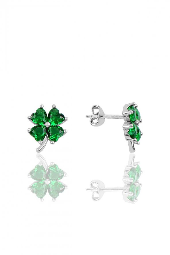 Gümüş rodyumlu zümrüt  renkli yonca modeli üçlü set - Resim 3