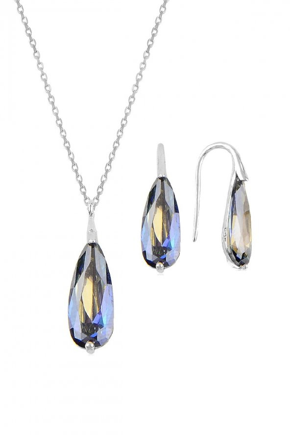 Gümüş rodyumlu mavi mistik  taşlı damla kolye ve küpe ikili gümüş set ürün görseli