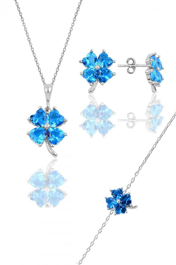 Gümüş rodyumlu akuamarin  renkli yonca modeli üçlü set ürün görseli