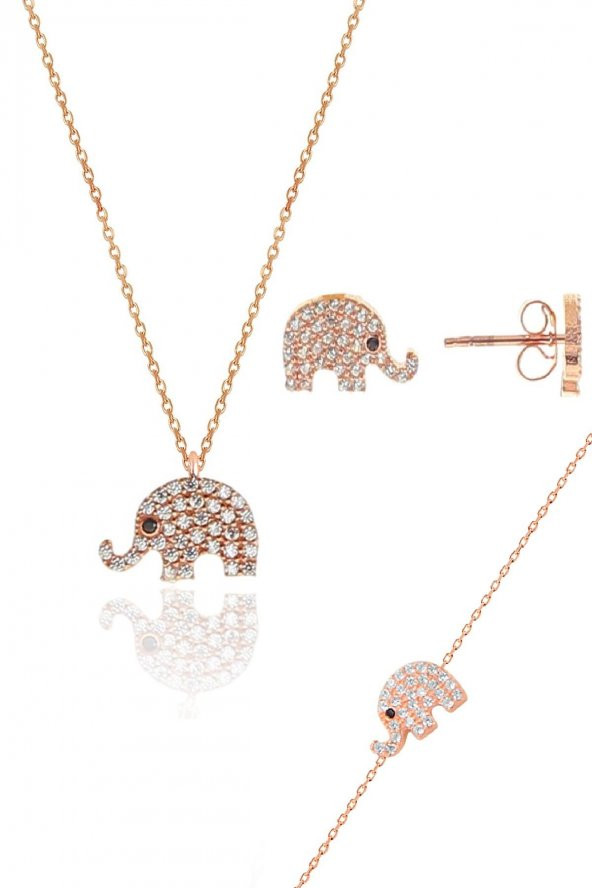 Gümüş Rose Zirkon Taşlı Fil Kolye Bileklik Ve Küpe Gümüş Üçlü Set - 1