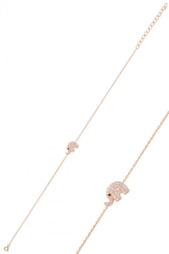 Gümüş Rose Zirkon Taşlı Fil Kolye Bileklik Ve Küpe Gümüş Üçlü Set - 3