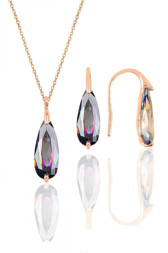 Gümüş rose  mistik  taşlı damla kolye ve küpe ikili gümüş set - 1