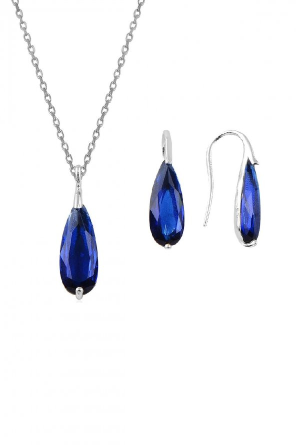 Gümüş rodyumlu lacivert taşlı damla kolye ve küpe ikili gümüş set ürün görseli 1