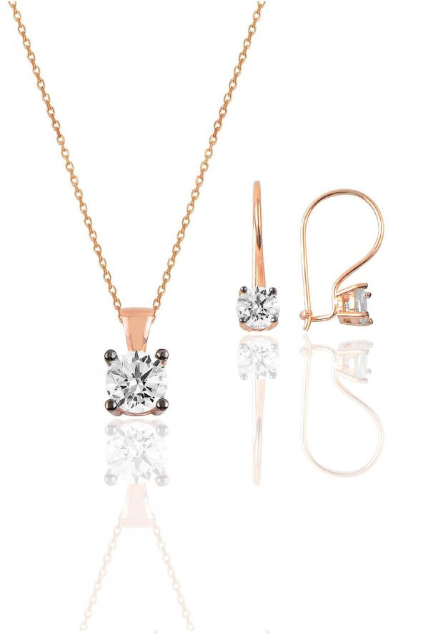 Gümüş rose tek taş  kolye ve çengelli küpe gümüş  set ürün görseli
