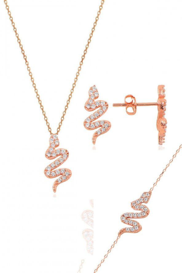 Gümüş rose zirkon taşlı gümüş yılan üçlü set - 1