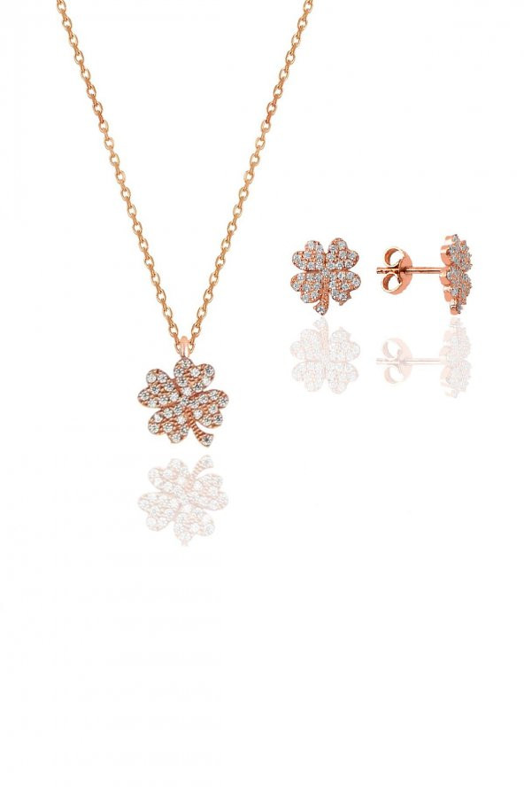 Gümüş rose zirkon taşlı yonca kolye ve küpe gümüş ikili set ürün görseli