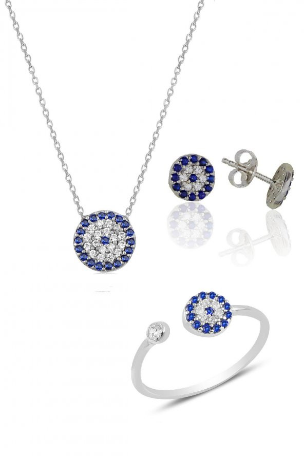 Gümüş rodyumlu nazar modeli üçlü set ürün görseli