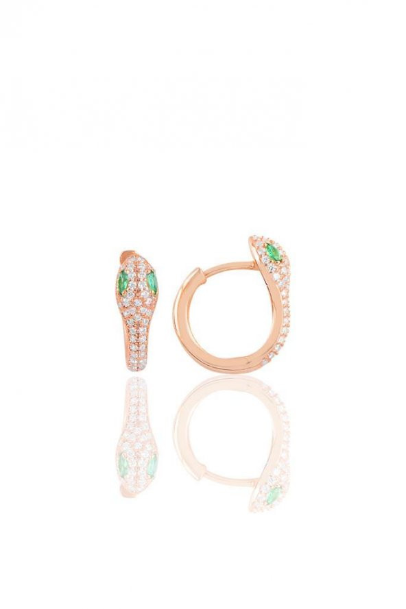 Gümüş rose yeşil  taşlı yılan halka küpe ürün görseli