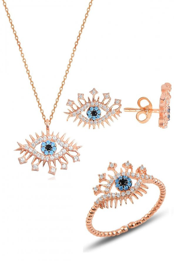 Gümüş rodyumlu zirkon taşlı lareyn kolye küpe ve yüzük gümüş set - 1