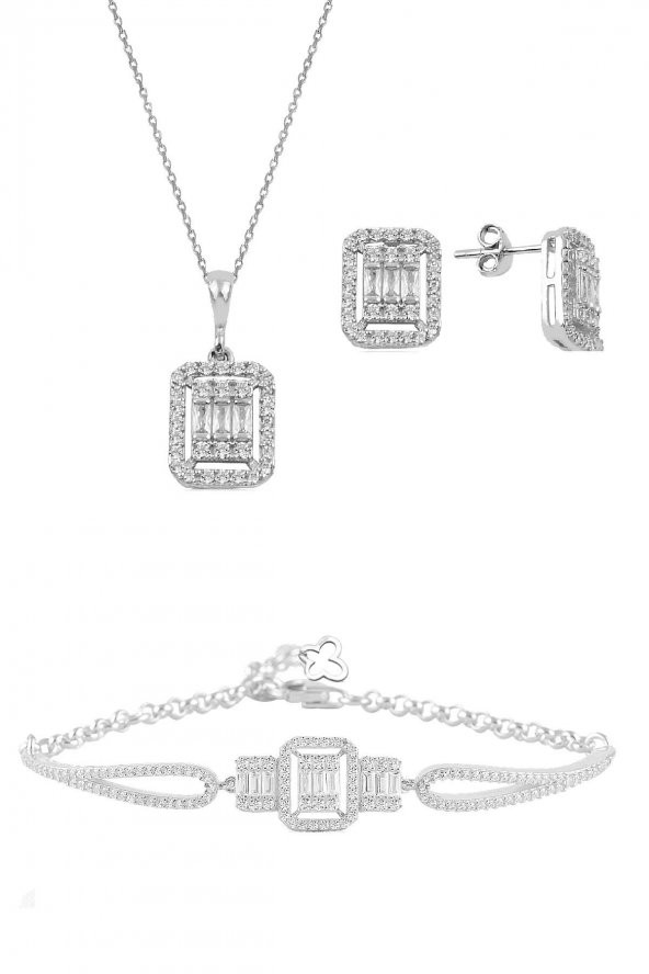 Gümüş rodyumlu baget taşlı  kolye küpe ve bilezik  gümüş set