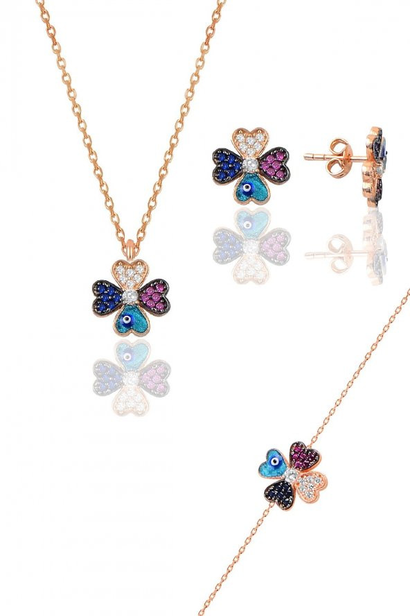 Gümüş rose mineli yonca modeli üçlü set ürün görseli