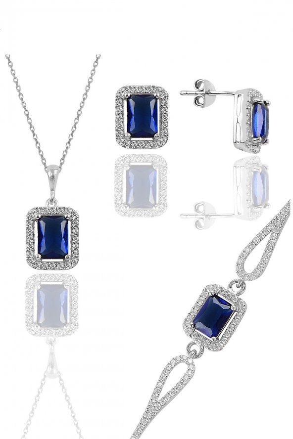 Gümüş rodyumlu safir taşlı baget kesim üçlü set