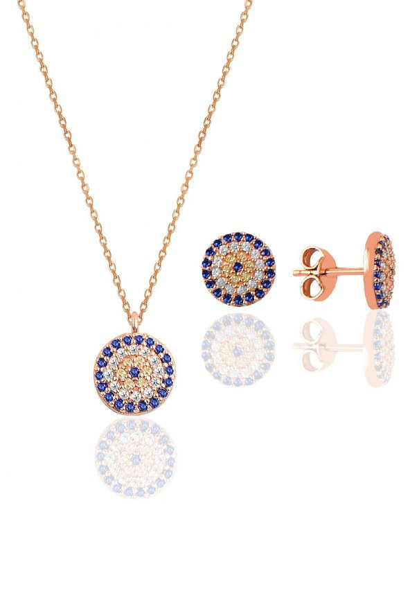 Gümüş rose zirkon taşlı nazar kolye ve küpe gümüş ikili set ürün görseli