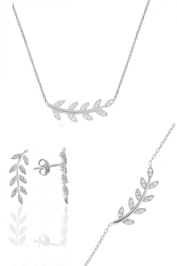 Gümüş rodyumlu zirkon taşlı yaprak  üçlü set ürün görseli