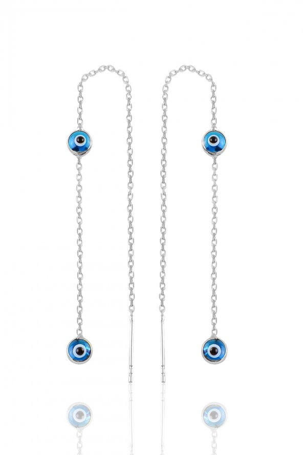 Gümüş rodyumlu cam göz çift nazarlı gümüş zincir küpe ürün görseli