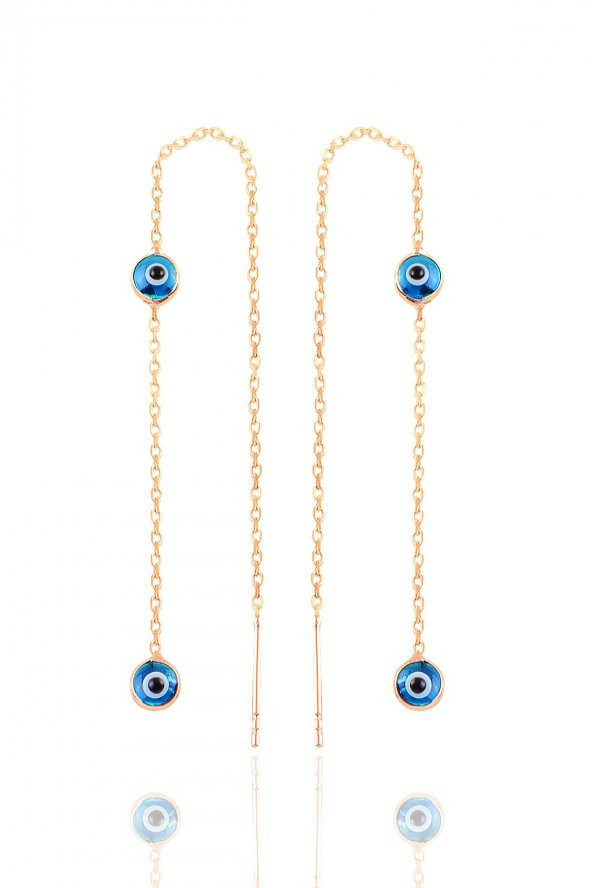 Gümüş rose cam göz çift nazarlı gümüş zincir küpe ürün görseli 1